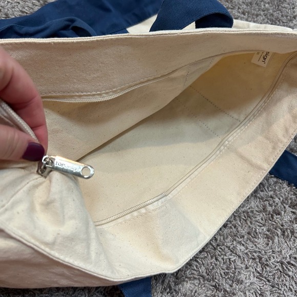 TOPDesign Large Canvas Tote Bag Navy Blue Bottom Beige Shopping Zipper Pocket - Picture 7 of 9